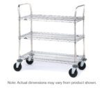 The Metro 3SPN33ABR SP Series Utility Cart features three Brite Wire shelves on an 18x36x39 frame, with four wheels and dual handles for easy maneuvering. Actual dimensions may vary.