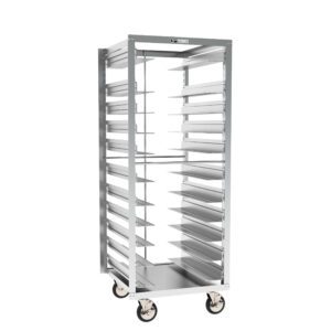 A tall, empty metal rack on wheels measures 24.375 x 26 x 64.5, featuring adjustable pan stops for easy tray access on both sides and fits the Metro RF78NA120 Roll-In Refrigerator perfectly, ideal for commercial kitchens.