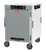 The Metro HBCW8-AS-M HotBlox is a wide 8-pan insulated mobile holding cabinet with a solid door and analog controller. It features a stainless steel exterior, operates at 875W/60Hz, includes a NEMA 5-15P plug, has four caster wheels for mobility, and displays the red Hot Blox logo.