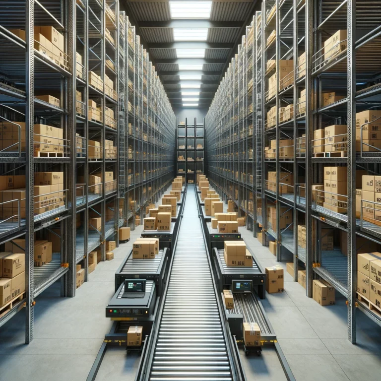 Shelving and carton-flow pick faces beside conveyor in fulfillment