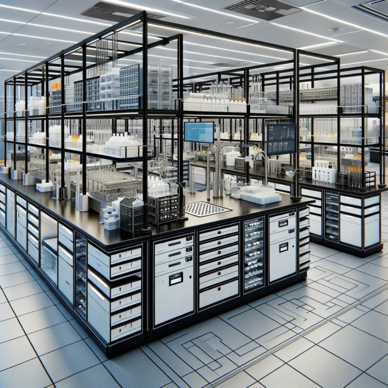 Laboratory island bench with stanchion-mounted reagent shelving