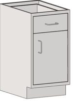 The Eagle MHC Base Unit is a simple rectangular kitchen cabinet with a right-hand door, one drawer, and horizontal handles. Designed for under-counter installation at sitting height, it measures 22x18 and features a neutral color for compact spaces.
