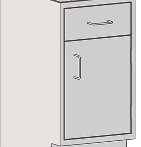 The Eagle MHC Base Unit is a simple rectangular kitchen cabinet with a right-hand door, one drawer, and horizontal handles. Designed for under-counter installation at sitting height, it measures 22x18 and features a neutral color for compact spaces.