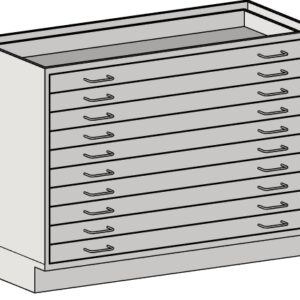 Illustration of an Eagle MHC Base Unit, featuring a rectangular gray design with 10 drawers, each with a curved handle, ideal for storing large documents or blueprints at standing height. Dimensions: 22x36.