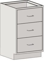 The Eagle MHC Base Unit is a simple, standing height gray 3-drawer cabinet (22x18) with sleek handles, featuring a flat top surface and resting elegantly on a small base.