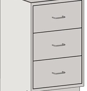 The Eagle MHC Base Unit is a simple, standing height gray 3-drawer cabinet (22x18) with sleek handles, featuring a flat top surface and resting elegantly on a small base.