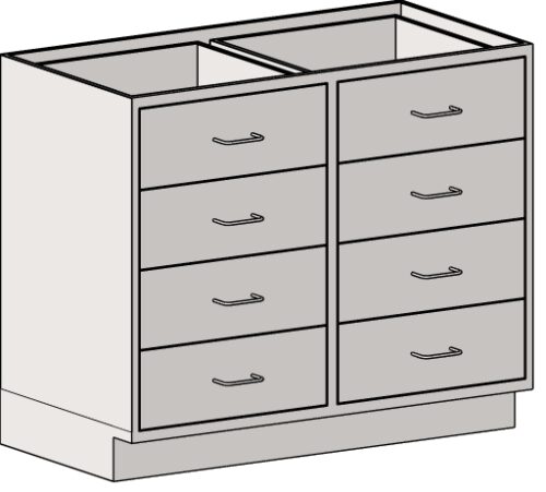 Illustration of the Eagle MHC Base Unit, 8-Drawer, Standing Ht, 22X30. It has two columns with simple handles and an open top for assembly or countertop use.