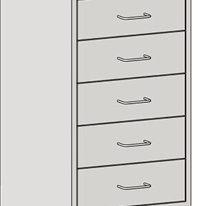 An illustration depicts the Eagle MHC Base Unit, a standing gray cabinet with five drawers and simple handles. Viewed at an angle with an open top showing no items inside, this unit is perfect for space organization, measuring 22X18.