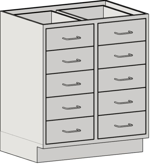 Illustration of an Eagle MHC Base Unit featuring a gray, standing height 22X30 double-column cabinet with ten drawers, each with a curved handle. The unit has an open framework and no top surface.