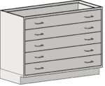 Illustration of a four-drawer dresser resembling an Eagle MHC Base Unit, 5 Drawer, Standing Ht, 22X30 without the top surface. Featuring simple curved handles on each drawer, the front view reveals a boxy rectangular structure with a base slightly wider than the drawers.