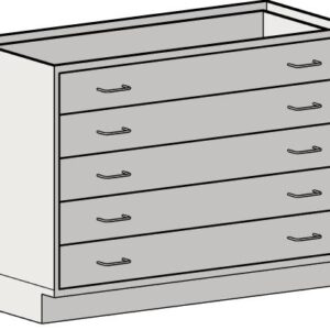 Illustration of a four-drawer dresser resembling an Eagle MHC Base Unit, 5 Drawer, Standing Ht, 22X30 without the top surface. Featuring simple curved handles on each drawer, the front view reveals a boxy rectangular structure with a base slightly wider than the drawers.