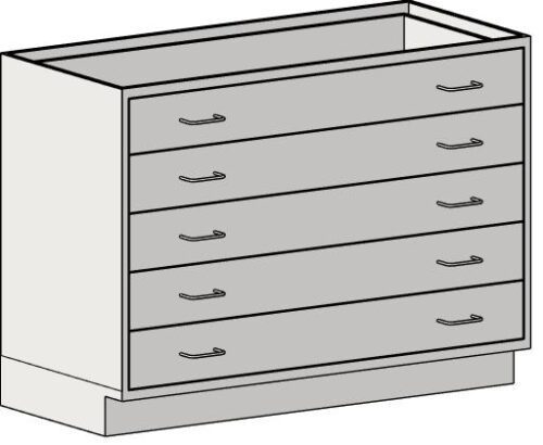 Illustration of a four-drawer dresser resembling an Eagle MHC Base Unit, 5 Drawer, Standing Ht, 22X30 without the top surface. Featuring simple curved handles on each drawer, the front view reveals a boxy rectangular structure with a base slightly wider than the drawers.