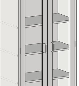 Illustration of the Eagle MHC Tall Case, 2 Door, 18X30 cabinet featuring glass insert doors and shelves. The cabinet has a simple, functional design with two handles and is shown at a slight angle.