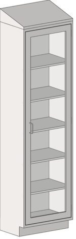 The Eagle MHC Tall Case features a sleek, modern design with a St glass insert on the Rh door, five shelves inside, and a light-colored finish enhanced by its gray frame and handle. Dimensions are 18x24 inches.