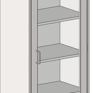 The Eagle MHC Tall Case features a sleek, modern design with a St glass insert on the Rh door, five shelves inside, and a light-colored finish enhanced by its gray frame and handle. Dimensions are 18x24 inches.