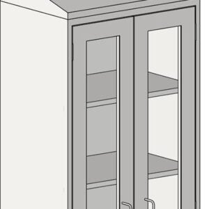 The Eagle MHC Wall Cabinet, 16X48, features two glass doors with metal handles, showcasing three shelves through its transparent front. Crafted from wood-like material, it includes an elegantly angled top.