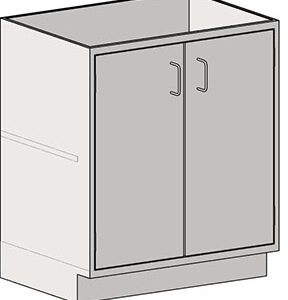 Illustration of the Eagle MHC Base Unit, a simple rectangular gray floor cabinet with 2 doors and metal handles, measuring 22x30 inches. Suitable for kitchen or bathroom use, it stands at an ideal height and does not include a countertop.