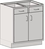 The Eagle MHC Base Unit, Door_Drawer, Standing Ht, 22X30 illustration shows a front view of an unassembled kitchen cabinet with two drawers above double doors. It features simple handles and excludes a countertop or shelves.
