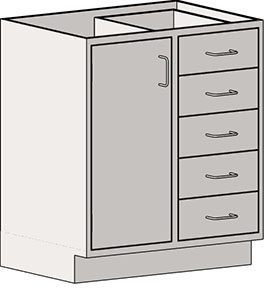 Eagle MHC Base Unit features an Lh Door_Drawer design with one left door, four right drawers, simple handles, and an open top suited for adding a countertop or sink. Dimensions: 22X30.