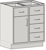 Illustration of a beige Eagle MHC Base Unit with a Stand Ht design, featuring one left Lh Door_Drawer and four stacked drawers on the right. Each 22X30 compartment has a simple metal handle. The cabinet lacks a countertop or additional decor.