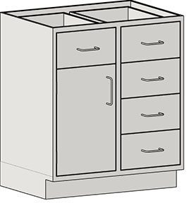 Illustration of a beige Eagle MHC Base Unit with a Stand Ht design, featuring one left Lh Door_Drawer and four stacked drawers on the right. Each 22X30 compartment has a simple metal handle. The cabinet lacks a countertop or additional decor.