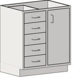 The Eagle MHC Base Unit, 22X30, features a white cabinet with four left-side drawers with metal handles and an Rh Door_Drawer on the right with a vertical handle. The Stand Ht unit is shown without a countertop, revealing an open top.