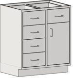 The Eagle MHC Base Unit, Rh Door_Drawer, Stand Ht, 22X30 is a gray cabinet with five left-side drawers and a right-hinged door. Each has curved metal handles, and the open top can accommodate a countertop or sink.