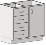 Introducing the Eagle MHC Base Unit, Rh Door_Drawer, Stand Ht (22X30): a base cabinet featuring four left-side drawers and a right-side door with simple handles, ideal for countertop installations.
