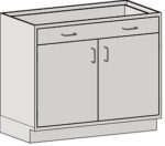 The Eagle MHC Base Unit is a light gray cabinet, measuring 22X30, featuring two doors, a drawer with simple metal handles, and sits on a short base.