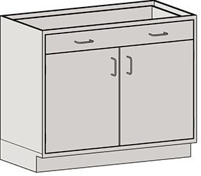 The Eagle MHC Base Unit is a light gray cabinet, measuring 22X30, featuring two doors, a drawer with simple metal handles, and sits on a short base.