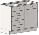 Illustration of the Eagle MHC Base Unit, with a right-hand door and six drawers on the left. Measuring 22x30 in a gray finish, it features a Stand Ht design leaving the top open without a countertop. Handles are visible on each drawer and the door.