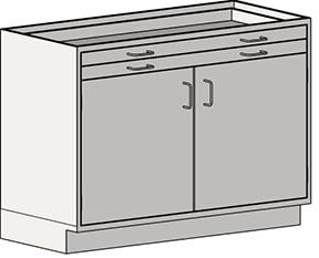 Illustration of the Eagle MHC Base Unit featuring a gray 22x30 rectangular stand with two top drawers, each with dual handles, and two larger doors below with centered handles, showcasing a plain, boxy design.