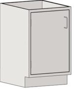 This illustration shows a freestanding Eagle MHC Base Unit with a left-hand door in sitting height. Its 22X18 rectangular cabinet is angled to highlight its simple design and metallic handle. The light gray color adds understated elegance.