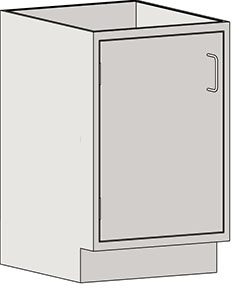 This illustration shows a freestanding Eagle MHC Base Unit with a left-hand door in sitting height. Its 22X18 rectangular cabinet is angled to highlight its simple design and metallic handle. The light gray color adds understated elegance.