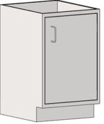 Illustration of the Eagle MHC Base Unit, Rh Door, Sitting Ht - a simple gray 22X18 rectangular cabinet with a right-sided metal handle, shown at an angle to emphasize its depth and minimalist design.