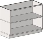 This is an illustration of the Eagle MHC Base Unit, a white rectangular 22x30 inch display cabinet with transparent glass panels, featuring two shelves and an open-front design. Its shown from an angled perspective to highlight its depth.