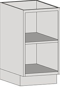 The illustration shows a simple gray rectangular cabinet like the Eagle MHC Sink Base Unit, Open, Stand Ht, 22X18. It has two shelves—one in the middle and one at the bottom—with darker gray outlines emphasizing its boxy shape.