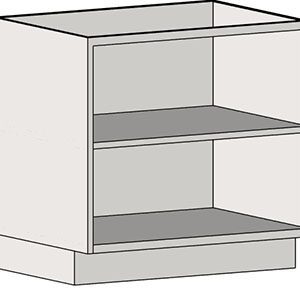 Introducing the Eagle MHC Sink Base Unit, a sleek 22x30-inch shelving unit with a minimalistic design. Its light gray, rectangular form and open front with two shelves are ideal for displaying books or small items in any modern space.