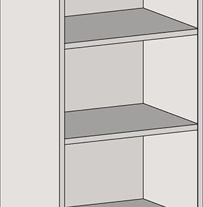Illustration of the Eagle MHC Tall Case, a five-shelf bookcase in light gray with a slope top. The design is simple with an open front and evenly spaced shelves perfect for storage. Dimensions: 18X24.