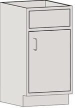 Illustration of the light grey Eagle MHC Sink Base Unit, Rh Door, Sit Ht, 22X18. It features a top drawer and a single door with a curved metal handle on the right, both outlined in black, fitting perfectly into any kitchen space.