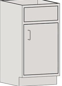Illustration of the light grey Eagle MHC Sink Base Unit, Rh Door, Sit Ht, 22X18. It features a top drawer and a single door with a curved metal handle on the right, both outlined in black, fitting perfectly into any kitchen space.