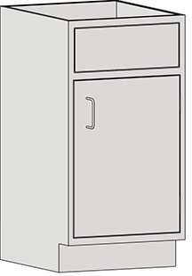 QF_Eagle_SB18R.jpg Illustration of the light grey Eagle MHC Sink Base Unit, Rh Door, Sit Ht, 22X18. It features a top drawer and a single door with a curved metal handle on the right, both outlined in black, fitting perfectly into any kitchen space.