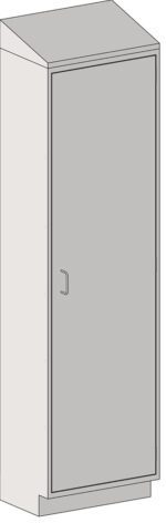 Isometric illustration of the Eagle MHC Tall Case with a closed Rh door and slope top, measuring 18x24. The cabinet is light beige with a darker gray door, featuring a simple handle. Its minimalistic, modern design is highlighted by sleek lines and subtle elegance.