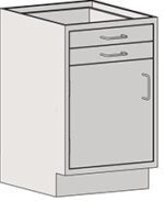 The Eagle MHC Base Unit in a light color with metal handles is a compact 22X18 kitchen base cabinet featuring a left-hand door and two drawers, ideal for modern spaces needing efficient storage solutions.