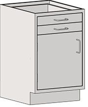 The Eagle MHC Base Unit in a light color with metal handles is a compact 22X18 kitchen base cabinet featuring a left-hand door and two drawers, ideal for modern spaces needing efficient storage solutions.
