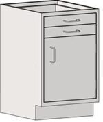 The Eagle MHC Base Unit is a sitting-height kitchen cabinet with a large RH door at the bottom and two drawers above, in beige with gray fronts, metal handles, and a toe kick. Ideal for 22x18 inch spaces.