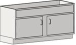 The Eagle MHC Sink Base Unit is a rectangular, gray kitchen cabinet with two doors and a top drawer. It features simple handles, a recessed base, and is depicted in 3D. Its dimensions are Stand Ht, 22x56.