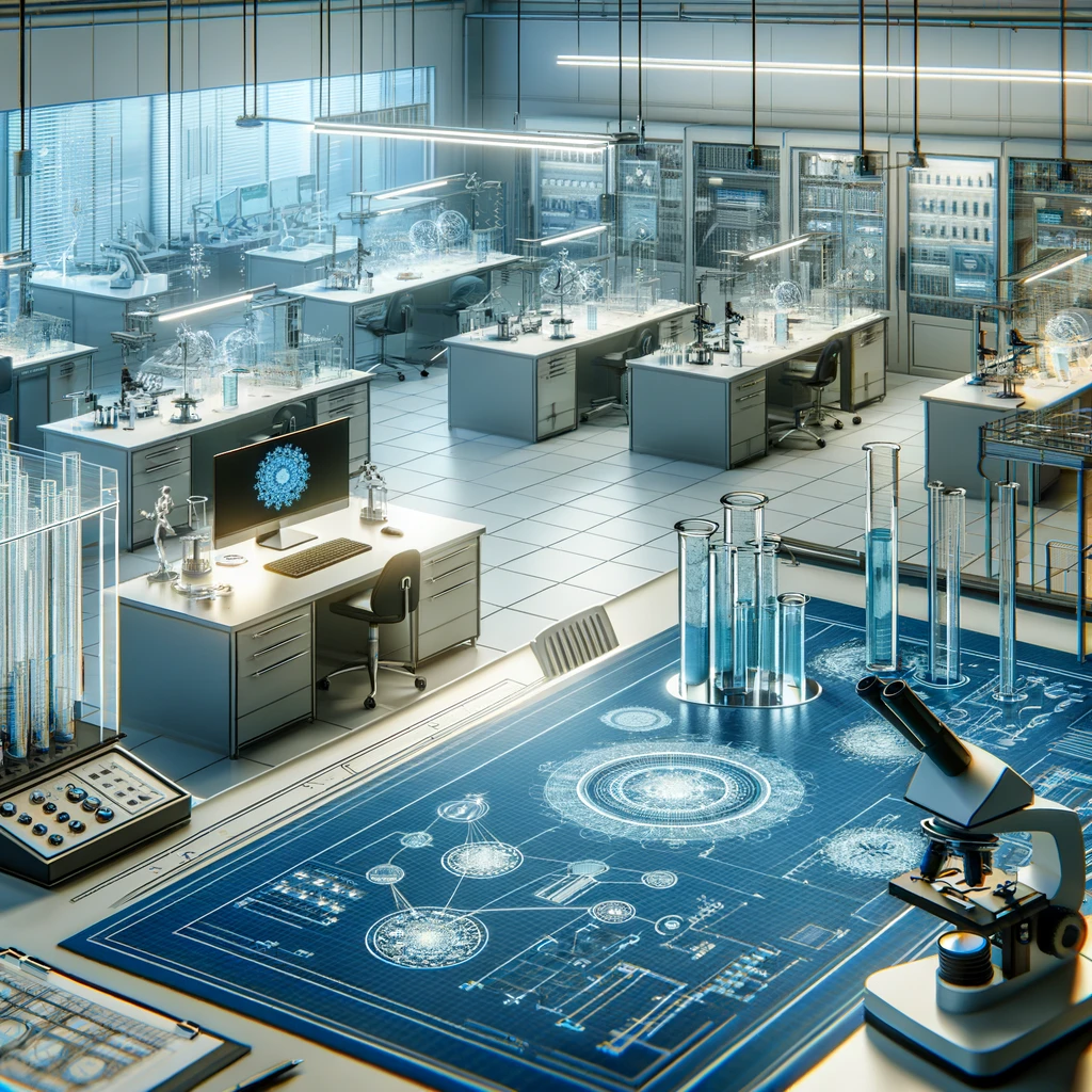 Here is an image depicting the concept of strategic planning in a laboratory environment. It illustrates a modern laboratory setting with advanced equipment and technology, alongside detailed blueprints and 3D models for meticulous planning and organization. This visual representation captures the essence of precision and strategic design essential in scientific settings.