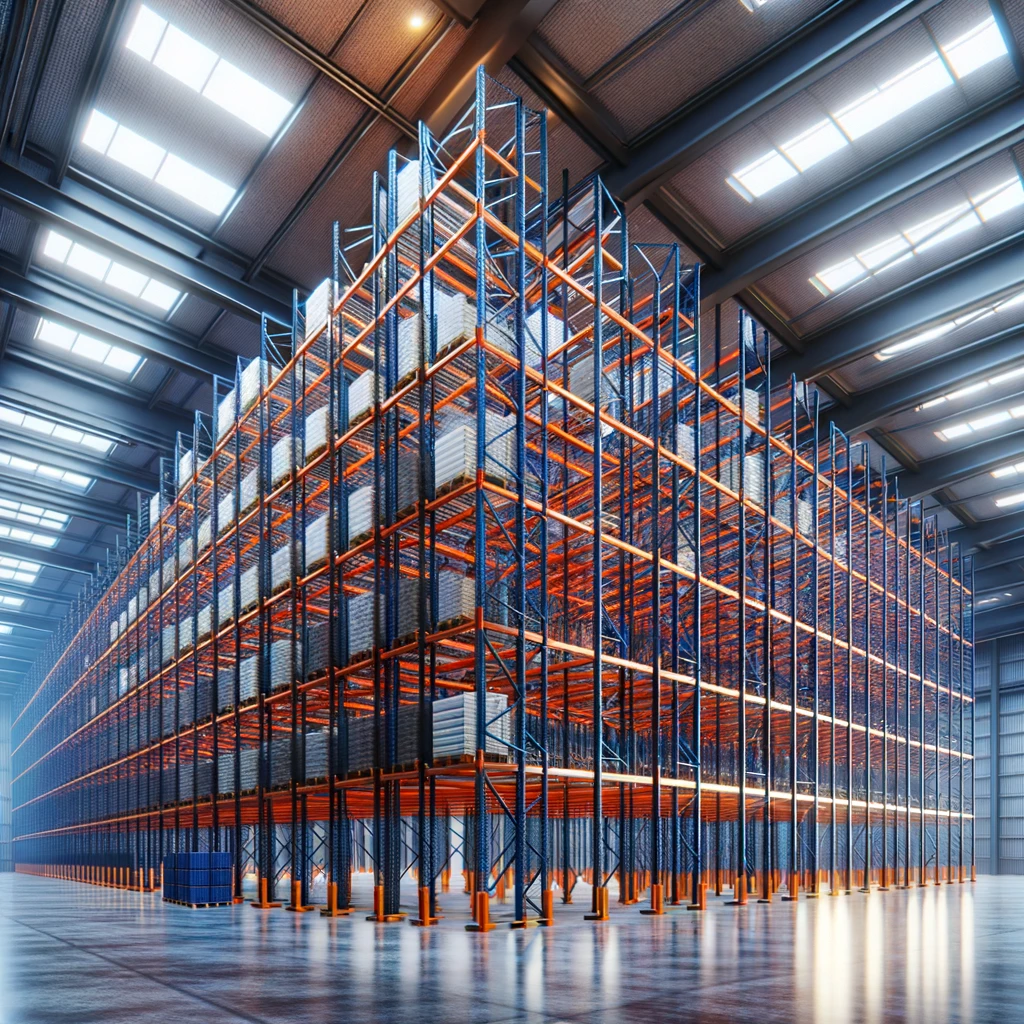 a large warehouse interior with a new installation of industrial pallet racking system