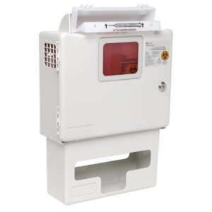 The Metro FL251 Lockable Sharps Container with Glove Box for Flexline and Lifeline Carts is a wall-mounted unit featuring a Biohazard window, open lid, clear instructions, and stable base for secure use.